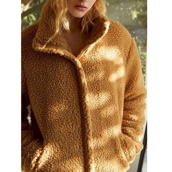 PacSun Teddy Jacket Faux Fur Sherpa Fleece Full zip up Lined Oversized Tan M L - Picture 1 of 10